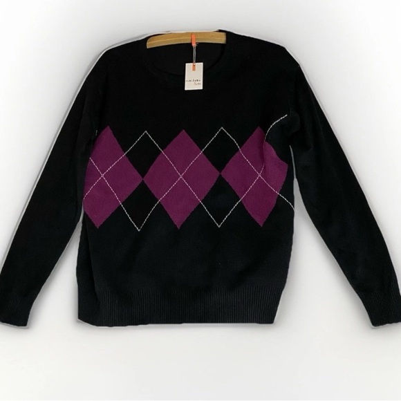 Mandarine & Co Long Sleeve Argyle V Neck Sweater Black & Purple M Dark Acadamia - Picture 1 of 8